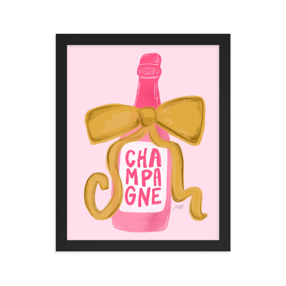 Ribbon Champagne Bottle Illustration - Framed Matte Print