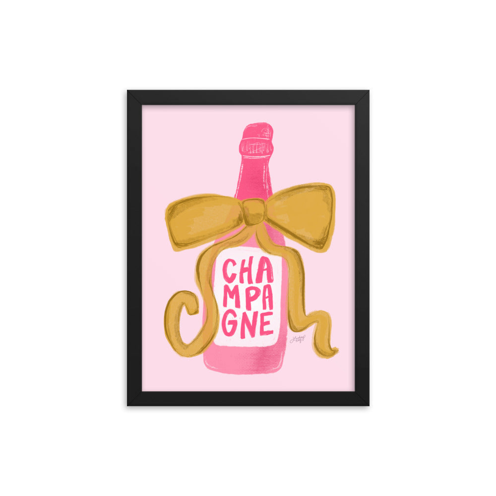 Ribbon Champagne Bottle Illustration - Framed Matte Print