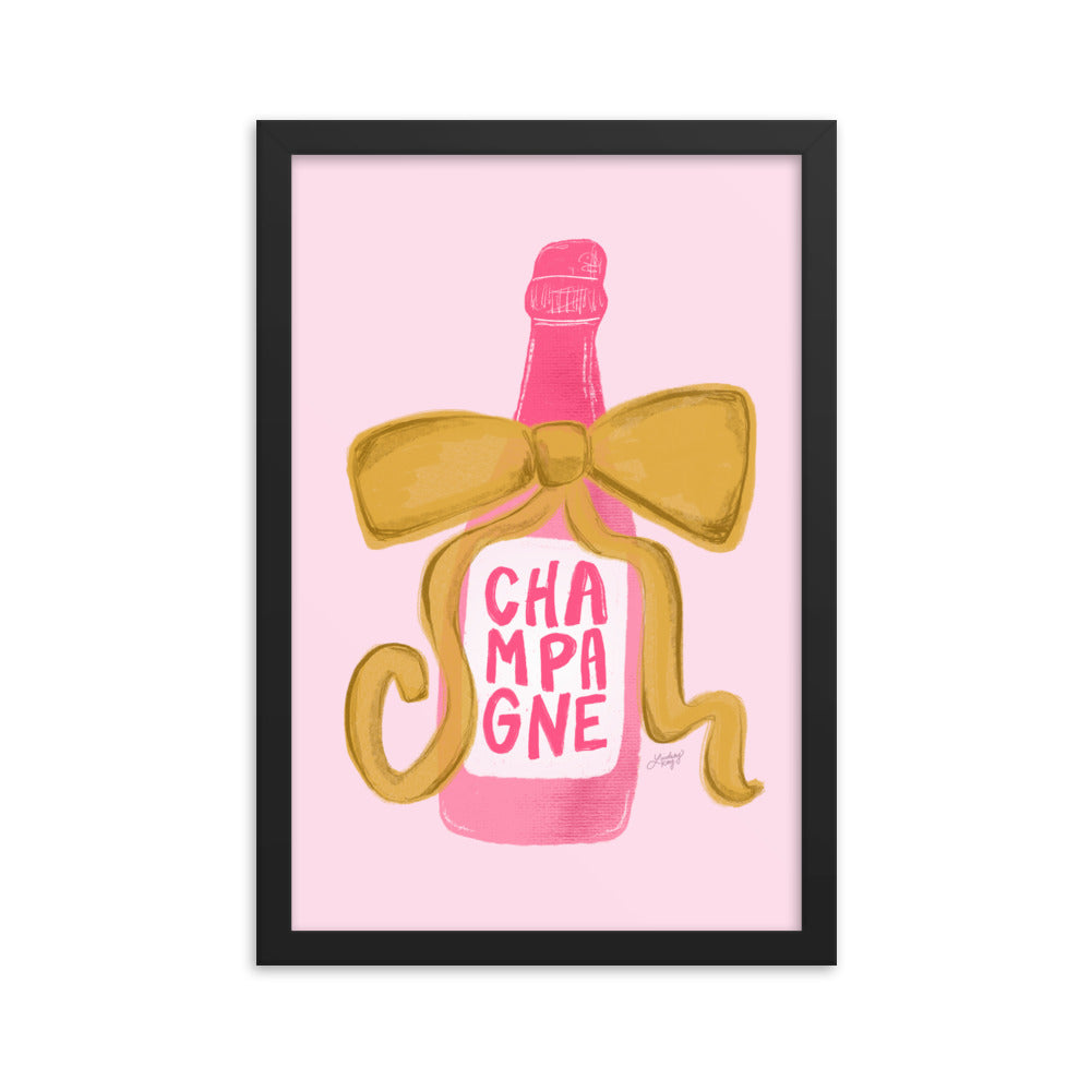 Ribbon Champagne Bottle Illustration - Framed Matte Print