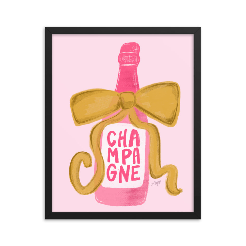 Ribbon Champagne Bottle Illustration - Framed Matte Print