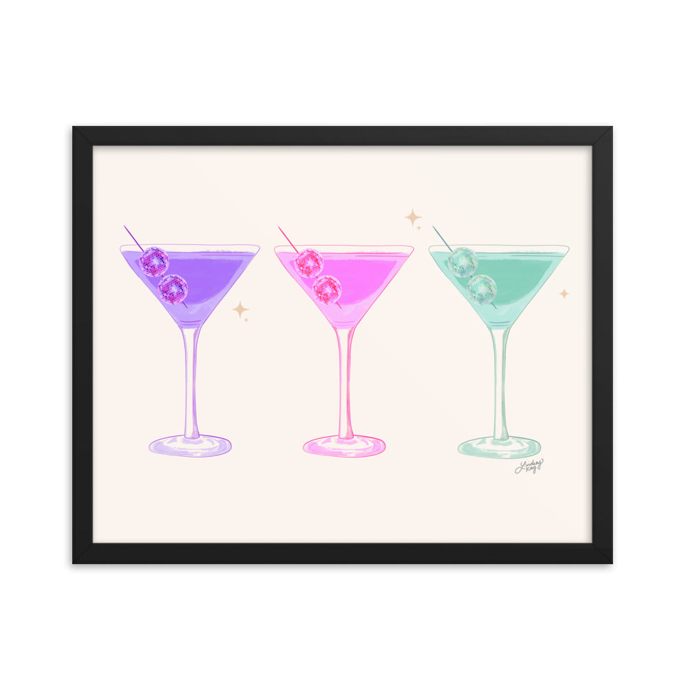 Disco Balls Martini Glasses - Framed Matte Print
