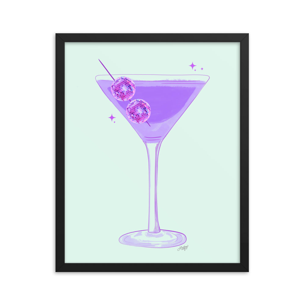 Disco Ball Martini Illustration - Framed Matte Print
