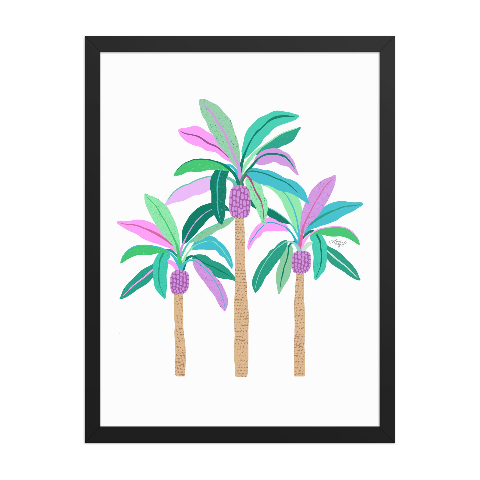 Framed hand-illustrated palm tree art print in green, purple, and blue on matte paper, available in white, black, or brown wood frame, tropical sunset wall decor.