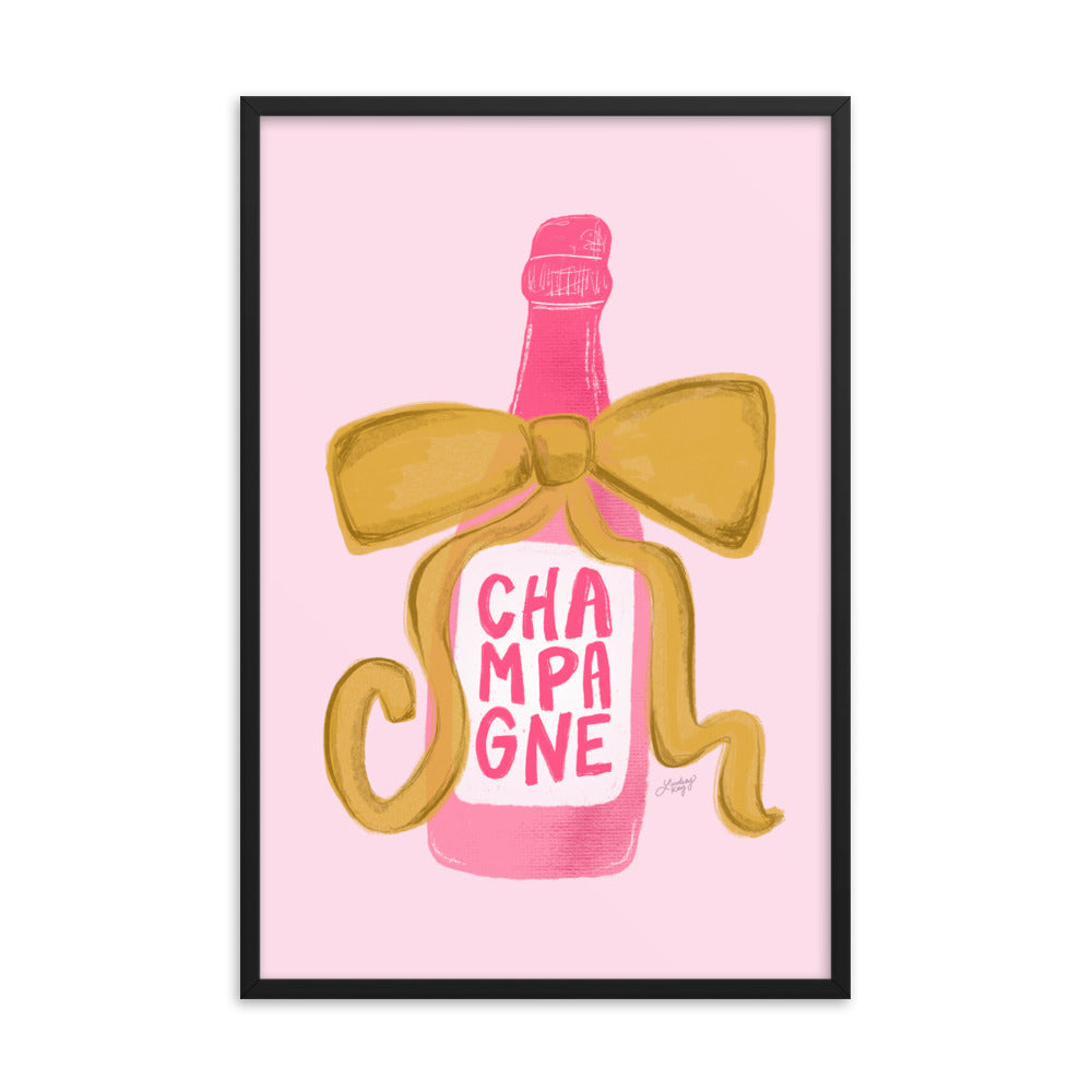 Ribbon Champagne Bottle Illustration - Framed Matte Print
