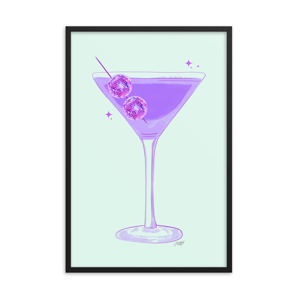 Disco Ball Martini Illustration - Framed Matte Print