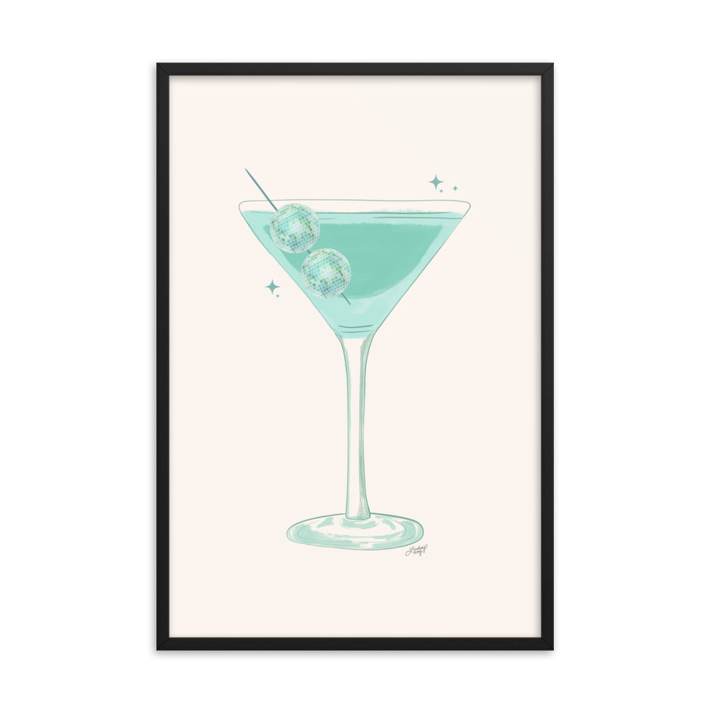 Disco Ball Martini Illustration - Framed Matte Print