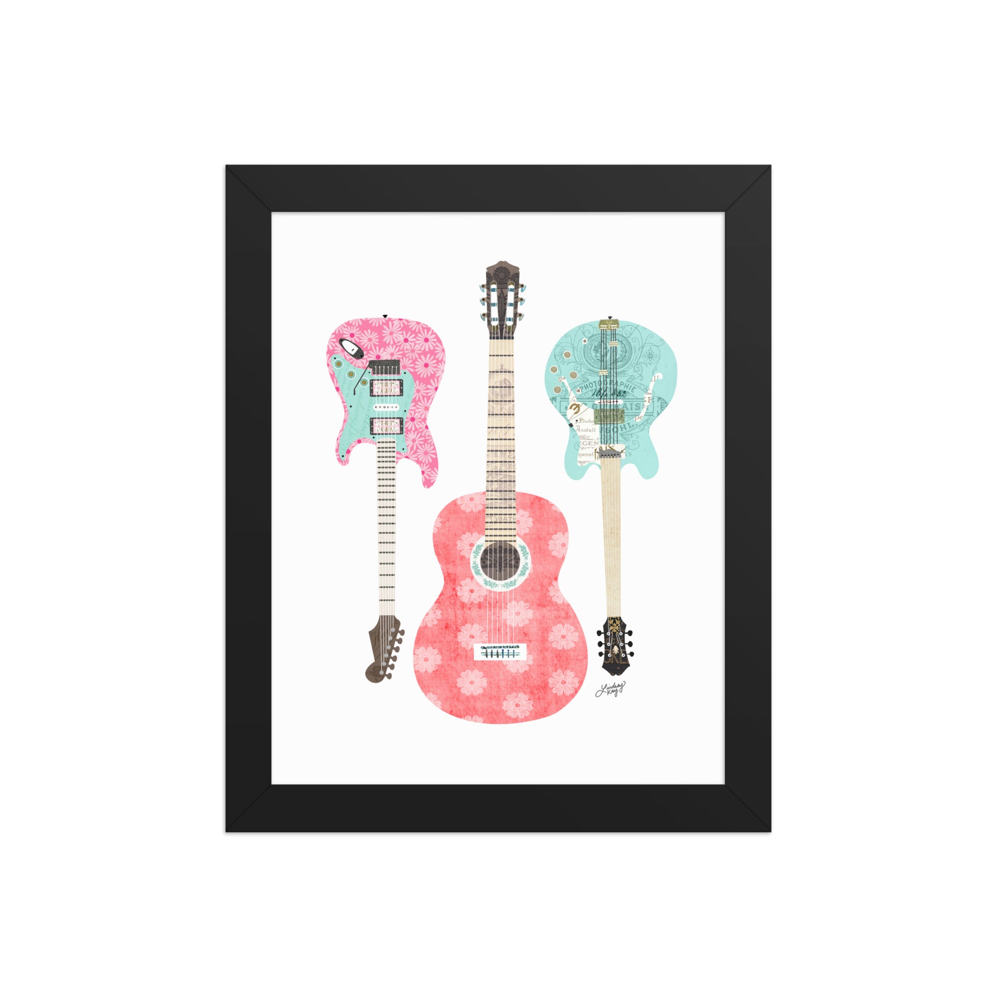 Hand-illustrated collage of pink and blue guitars crafted from vintage paper, framed retro wall art for music lovers