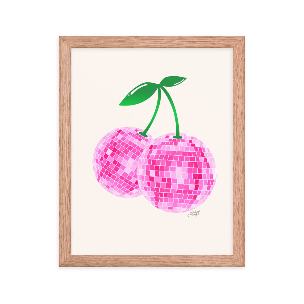 Cerezas de bola de discoteca (paleta rosa) - Impresión mate enmarcada