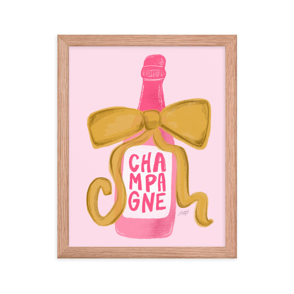 Ribbon Champagne Bottle Illustration - Framed Matte Print