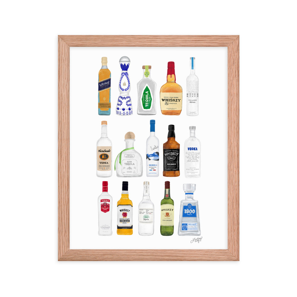 Whiskey, Tequila and Vodka Bottles Illustration - Framed Matte Print