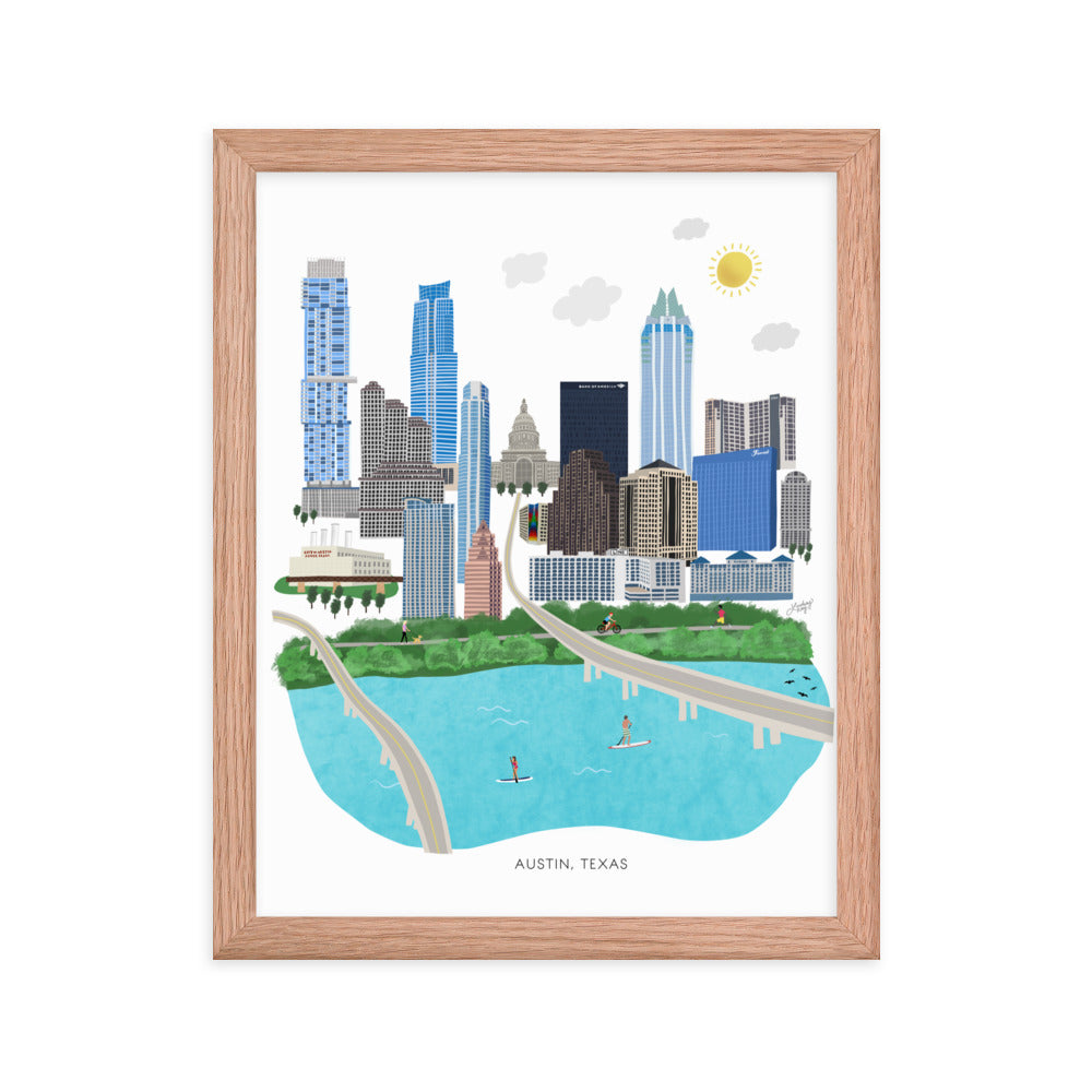 Ilustración de Austin Texas - Impresión de arte mate enmarcada