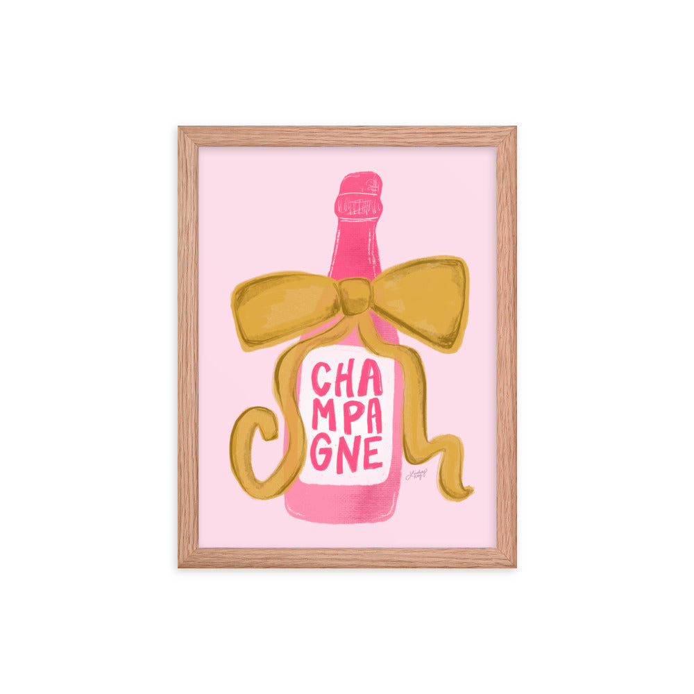 Ribbon Champagne Bottle Illustration - Framed Matte Print