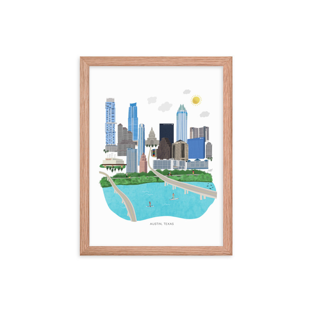 Ilustración de Austin Texas - Impresión de arte mate enmarcada