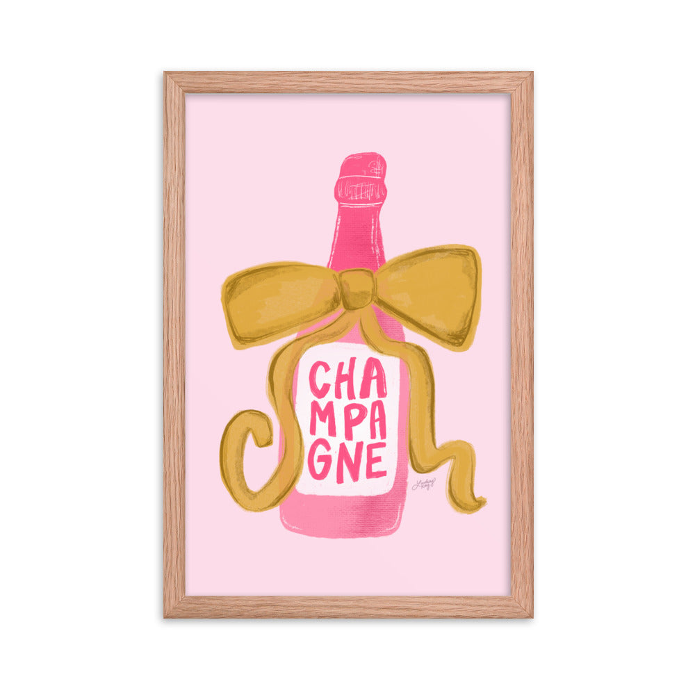 Ribbon Champagne Bottle Illustration - Framed Matte Print