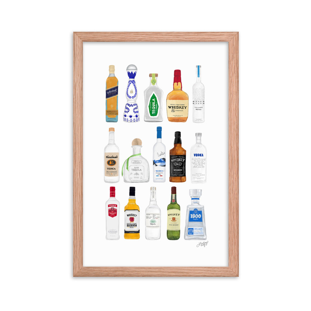 Whiskey, Tequila and Vodka Bottles Illustration - Framed Matte Print
