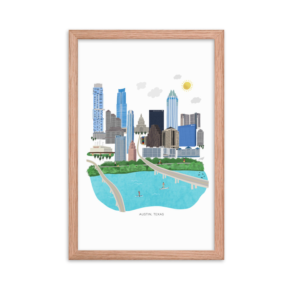 Ilustración de Austin Texas - Impresión de arte mate enmarcada