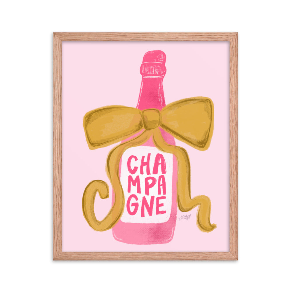 Ribbon Champagne Bottle Illustration - Framed Matte Print