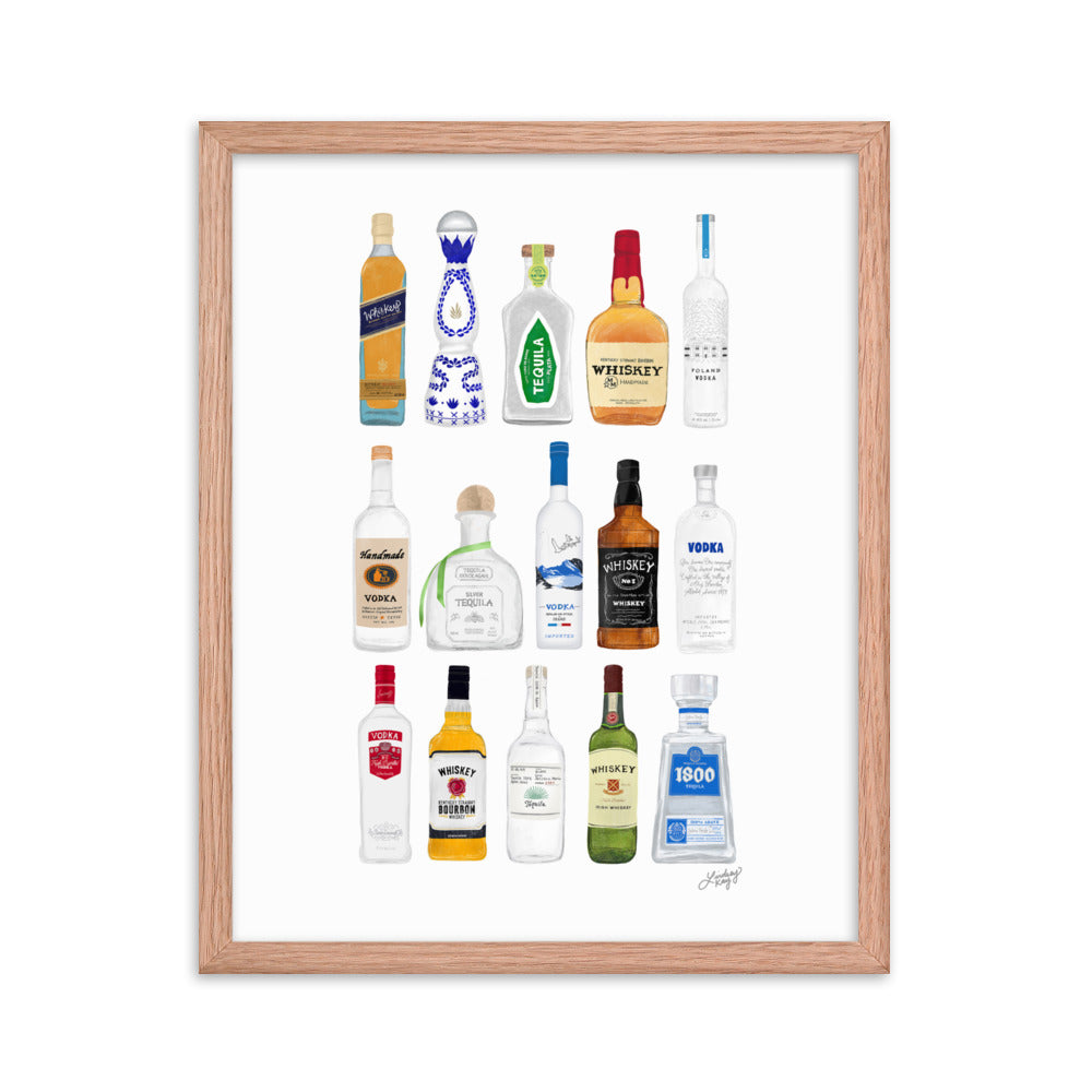 Whiskey, Tequila and Vodka Bottles Illustration - Framed Matte Print