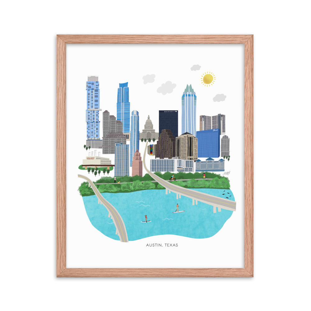 Ilustración de Austin Texas - Impresión de arte mate enmarcada