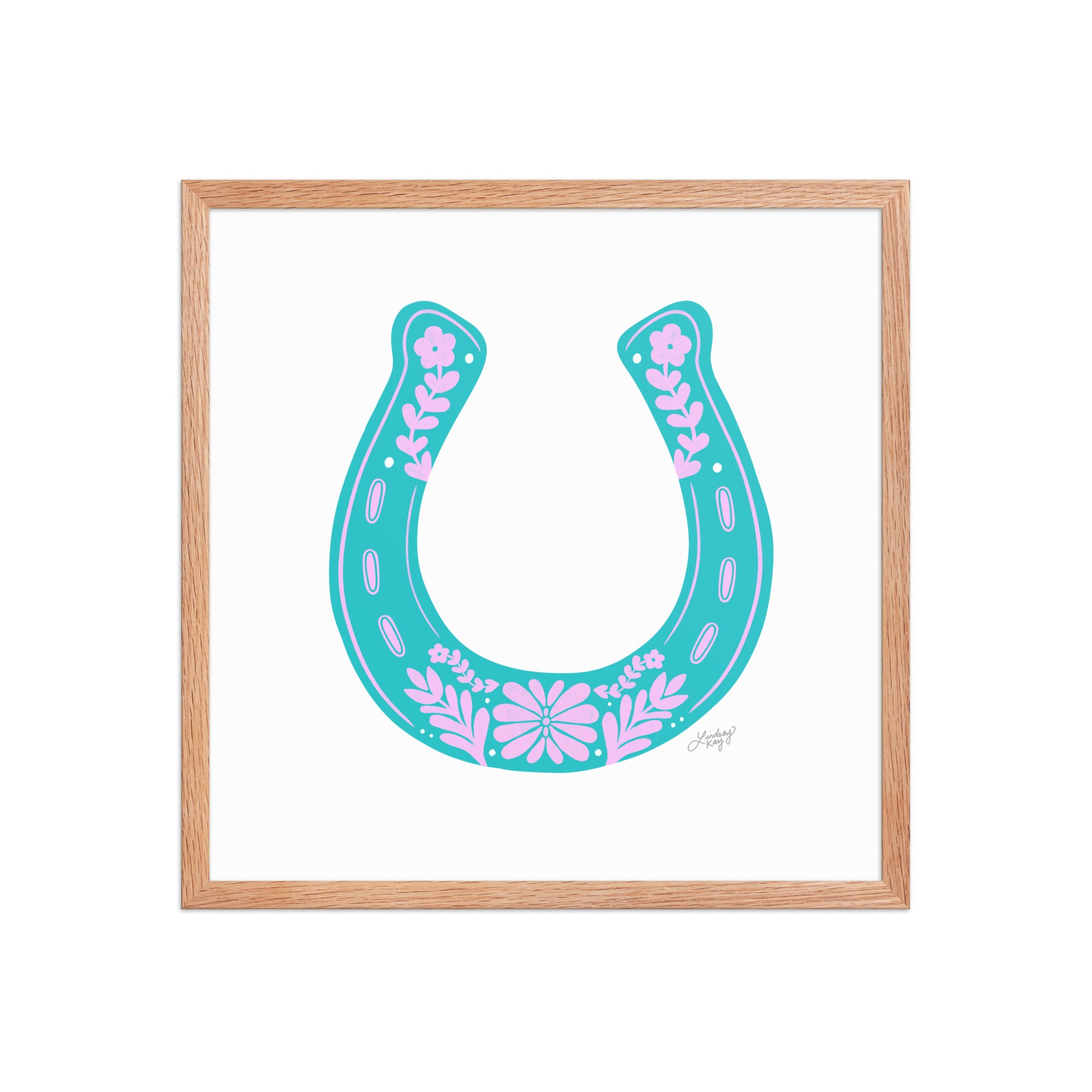 Framed hand-illustrated floral horseshoe art print on matte paper, available in white, brown, and black high-quality wood frames, rustic Western wall decor.