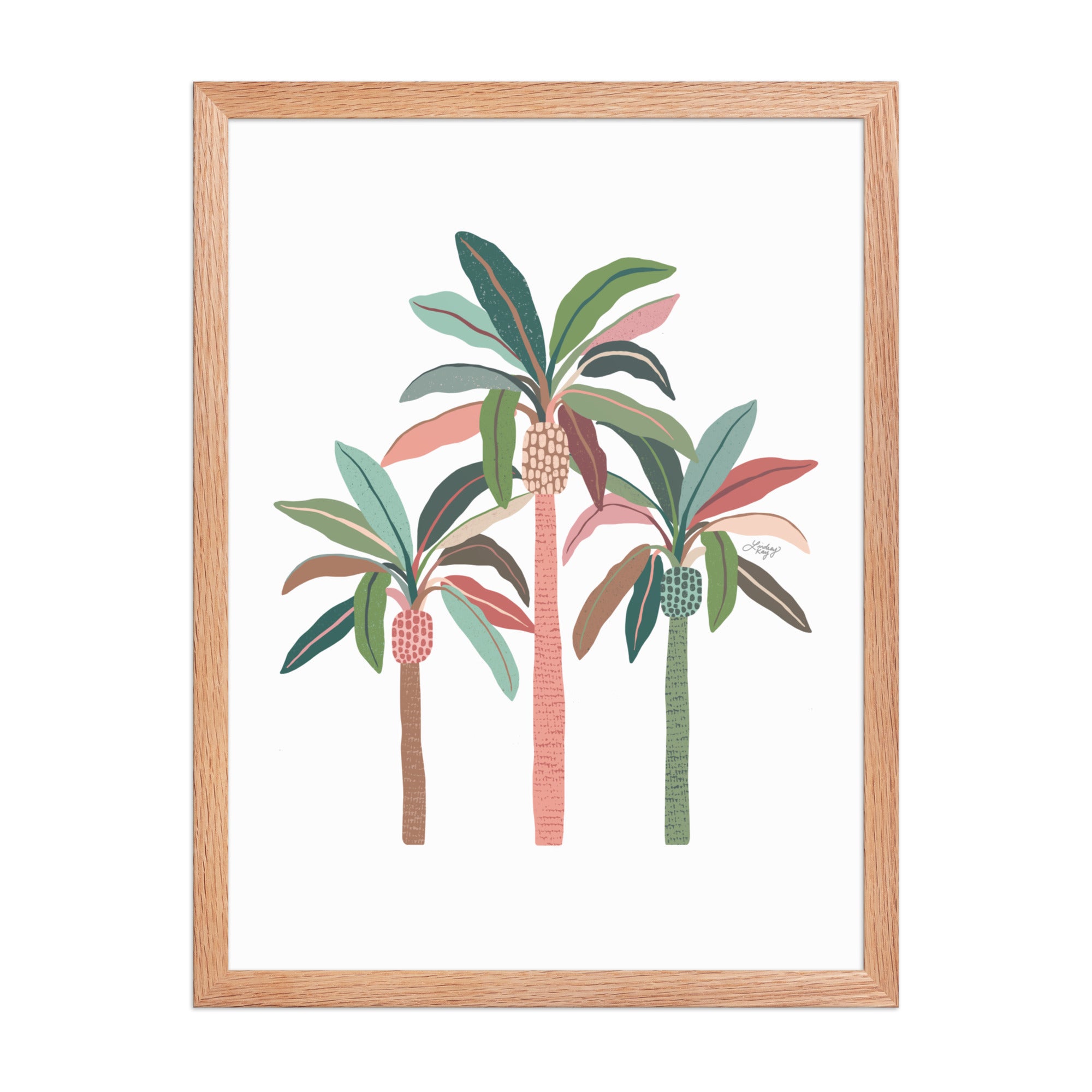 Framed hand-illustrated palm tree art print in neutral colors on matte paper, available in white, black, or brown wood frame, tropical sunset wall decor.