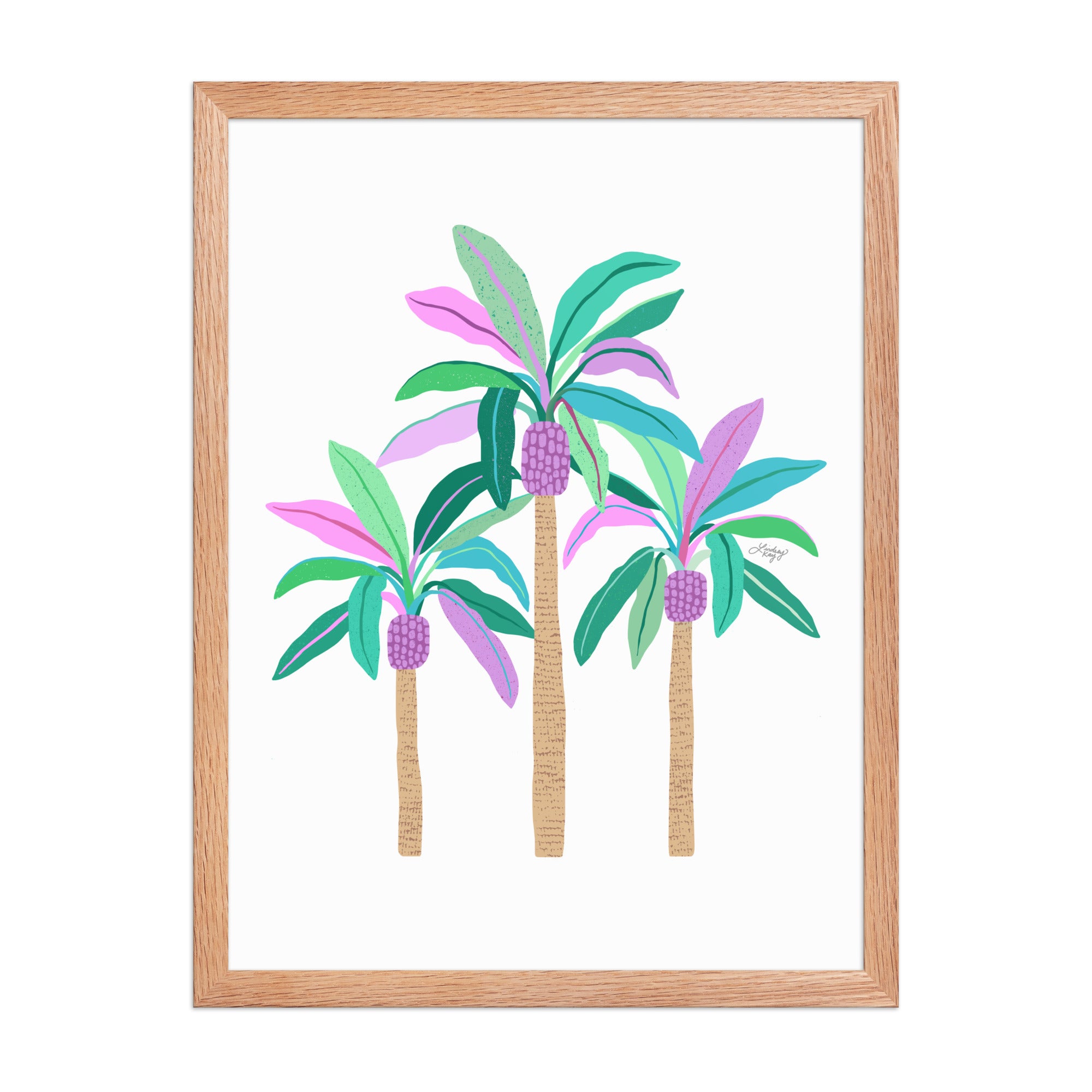 Framed hand-illustrated palm tree art print in green, purple, and blue on matte paper, available in white, black, or brown wood frame, tropical sunset wall decor.