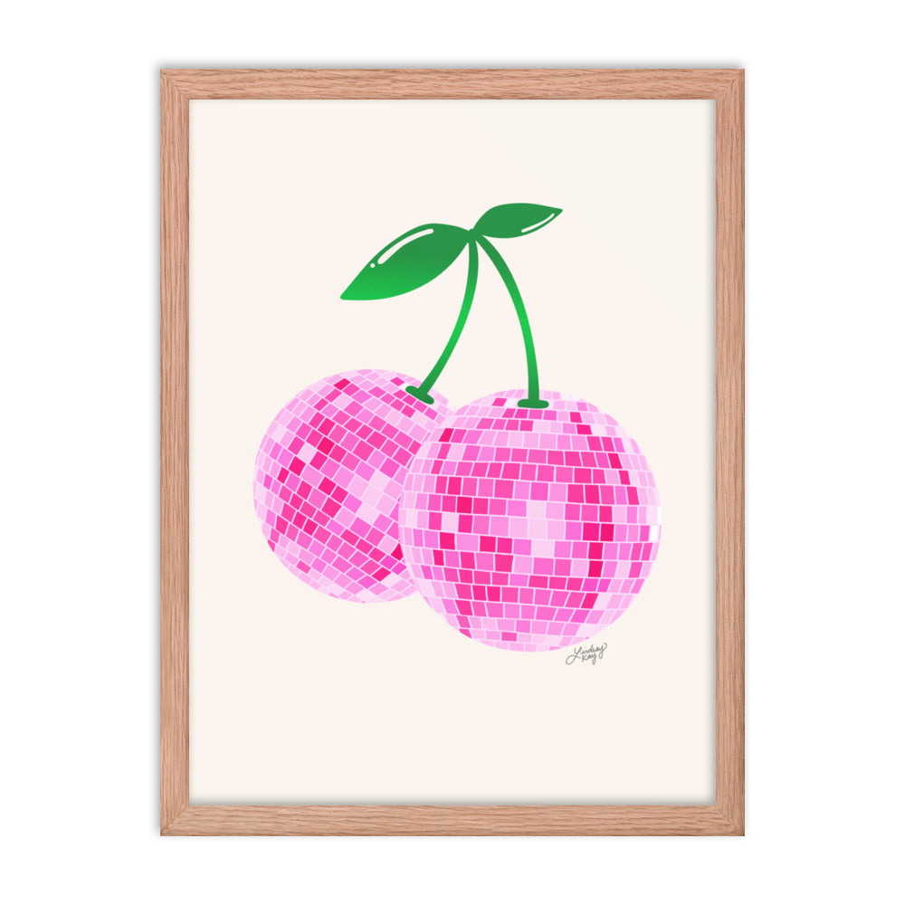 Cerezas de bola de discoteca (paleta rosa) - Impresión mate enmarcada