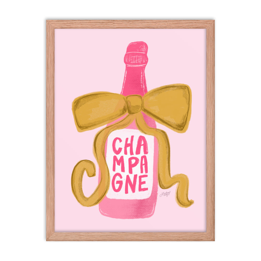 Ribbon Champagne Bottle Illustration - Framed Matte Print