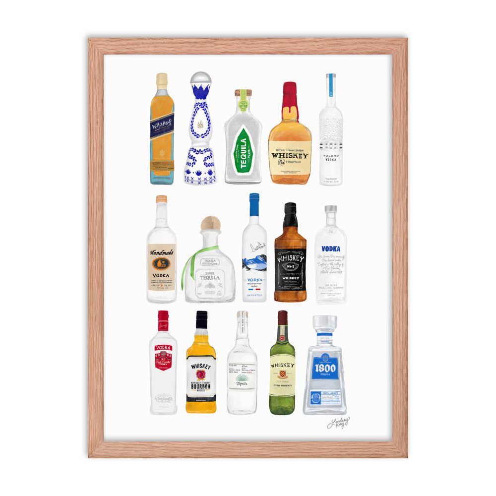 Ilustración de botellas de whisky, tequila y vodka - Impresión mate enmarcada