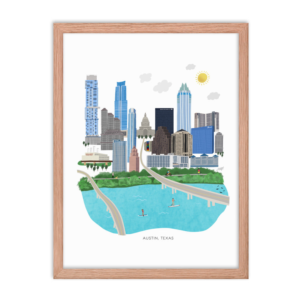 Ilustración de Austin Texas - Impresión de arte mate enmarcada