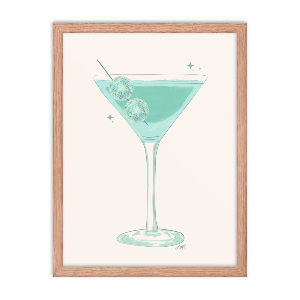 Framed hand-illustrated retro disco ball martini glass print on matte paper, available in white, black, or brown wood frame, ready to hang. Perfect for your bar cart!