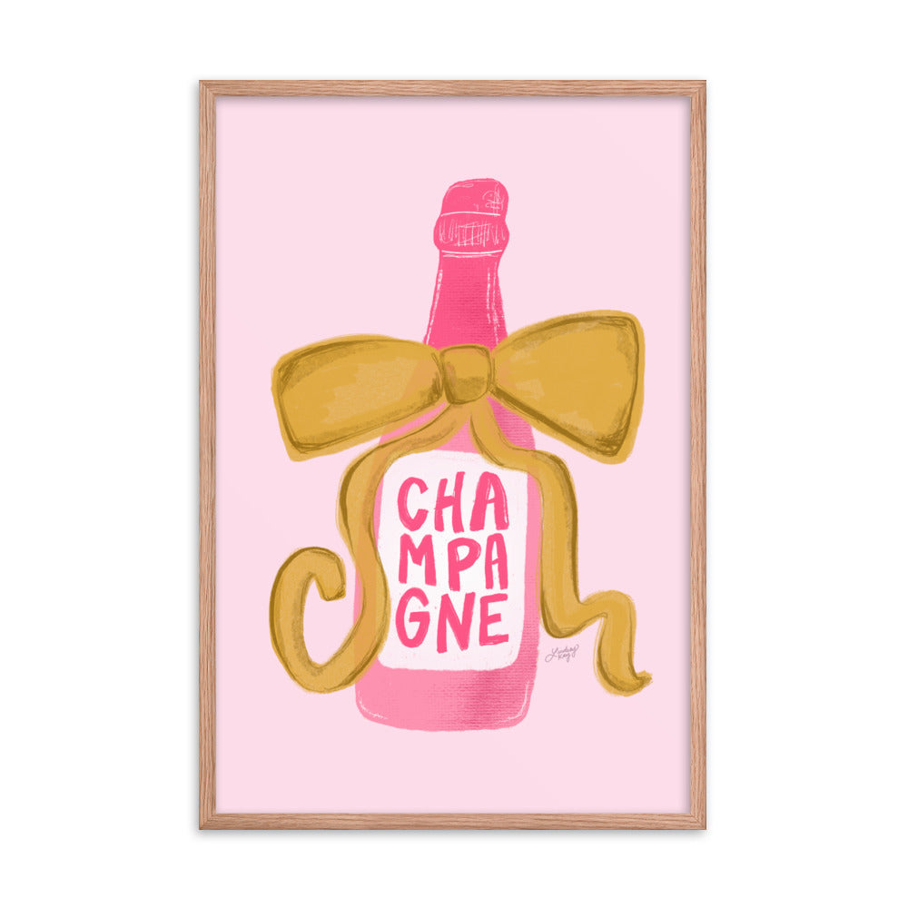 Ribbon Champagne Bottle Illustration - Framed Matte Print