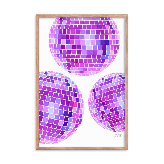 Framed hand-illustrated retro disco ball art print in vibrant colors on matte paper, available in white, black, or brown wood frame, 70s-inspired wall decor.