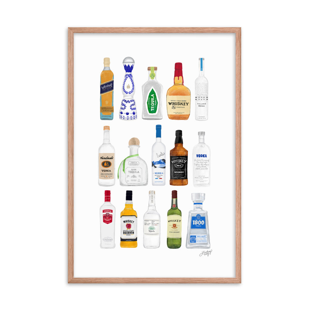 Whiskey, Tequila and Vodka Bottles Illustration - Framed Matte Print
