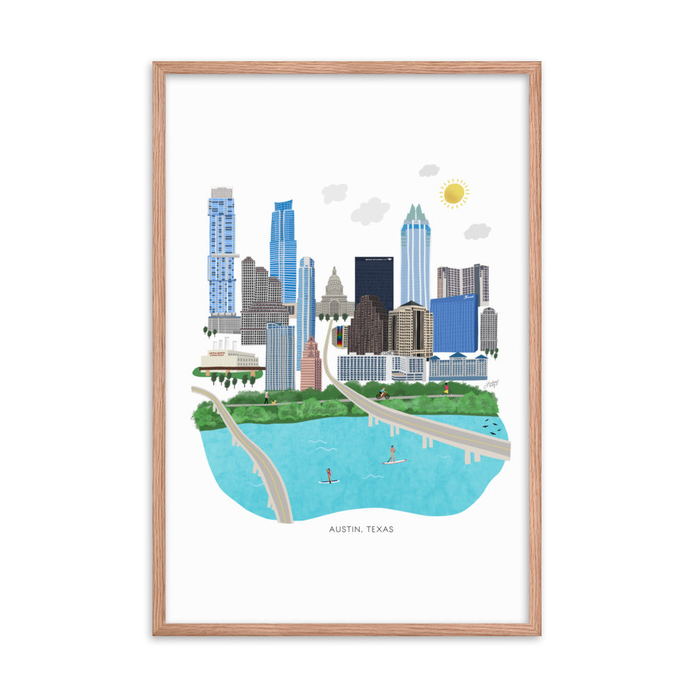 Ilustración de Austin Texas - Impresión de arte mate enmarcada