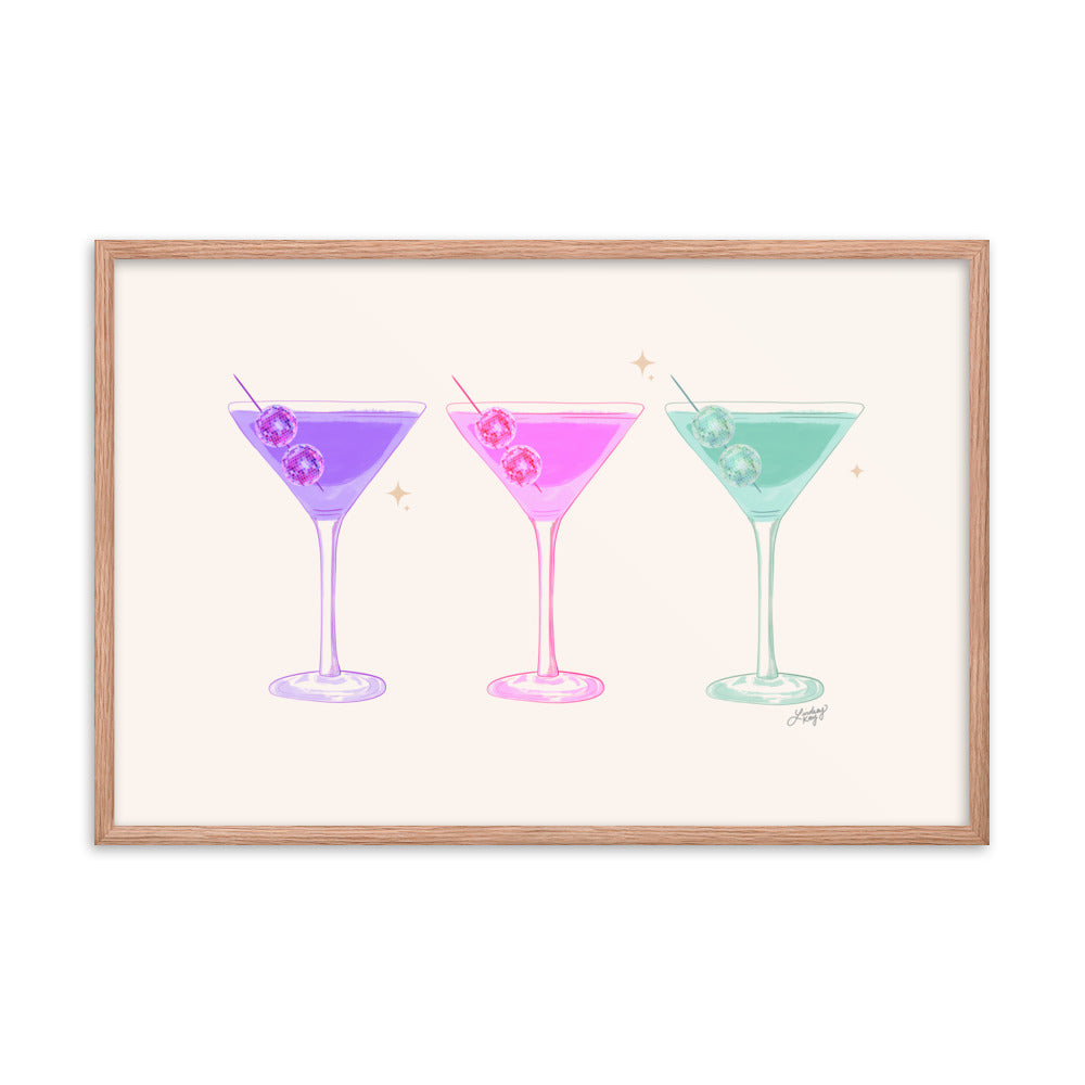 Framed hand-illustrated retro disco ball martini glass print on matte paper, available in white, black, or brown wood frame, ready to hang. Perfect for your bar cart!