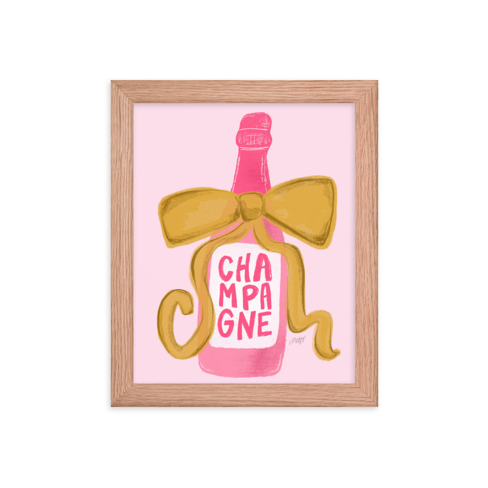 Ribbon Champagne Bottle Illustration - Framed Matte Print