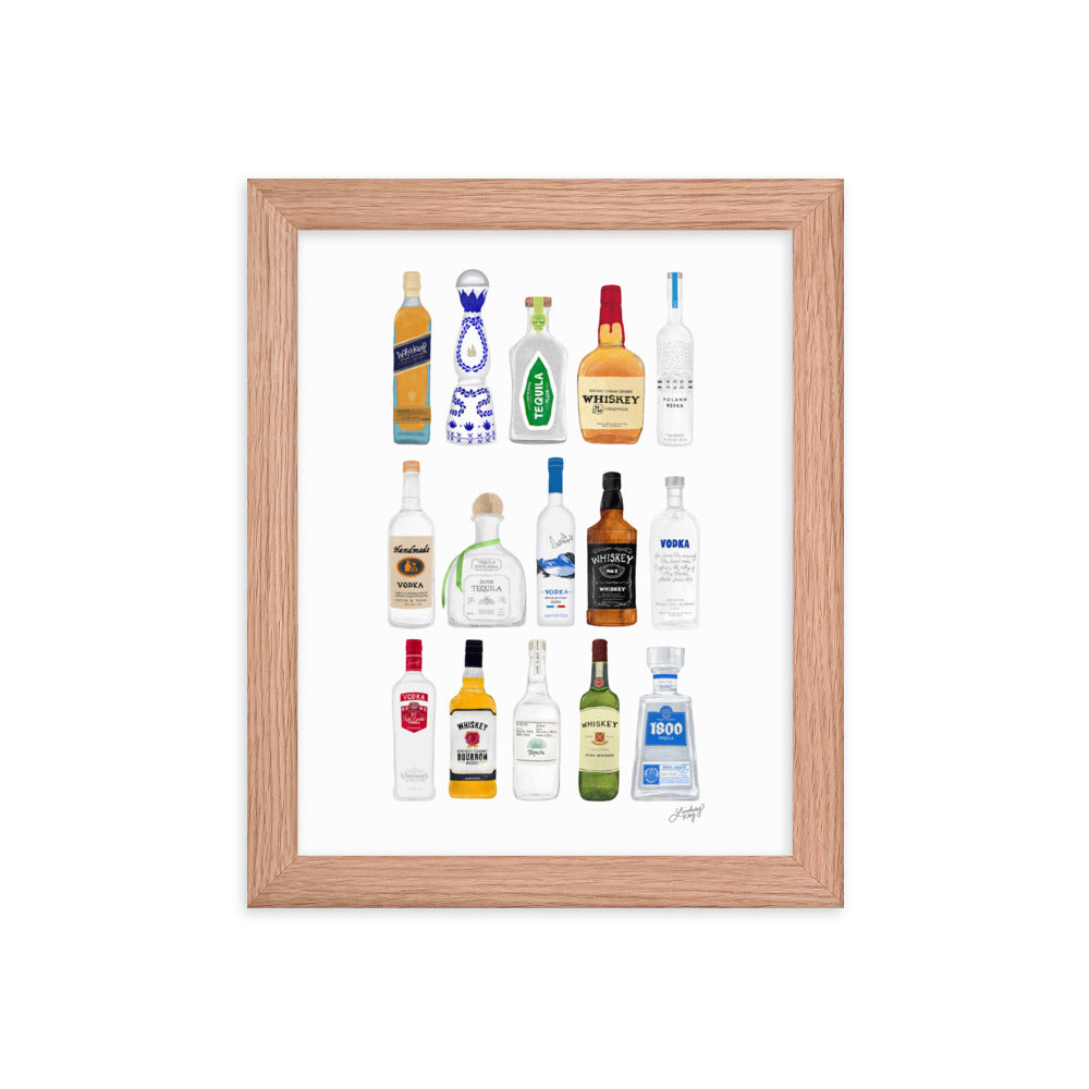 Whiskey, Tequila and Vodka Bottles Illustration - Framed Matte Print