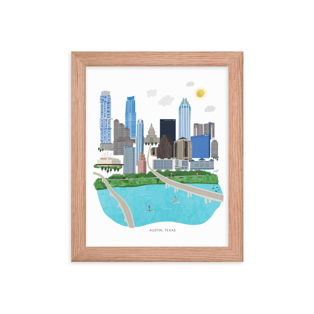 Ilustración de Austin Texas - Impresión de arte mate enmarcada