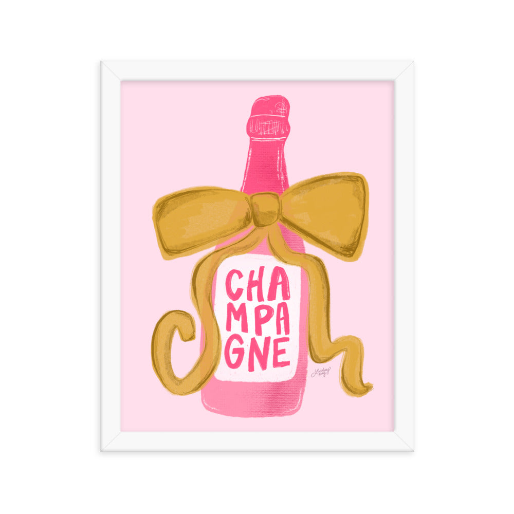 Ribbon Champagne Bottle Illustration - Framed Matte Print