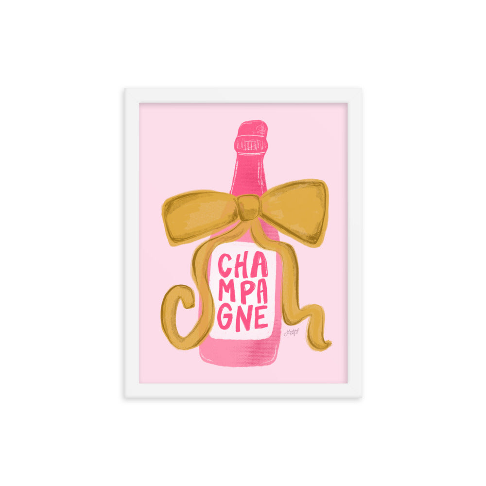 Ribbon Champagne Bottle Illustration - Framed Matte Print
