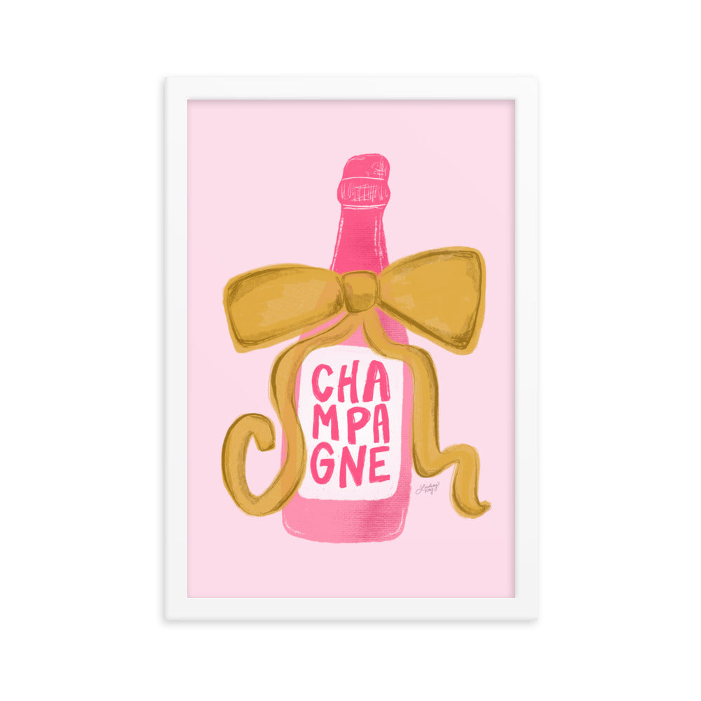 Ribbon Champagne Bottle Illustration - Framed Matte Print