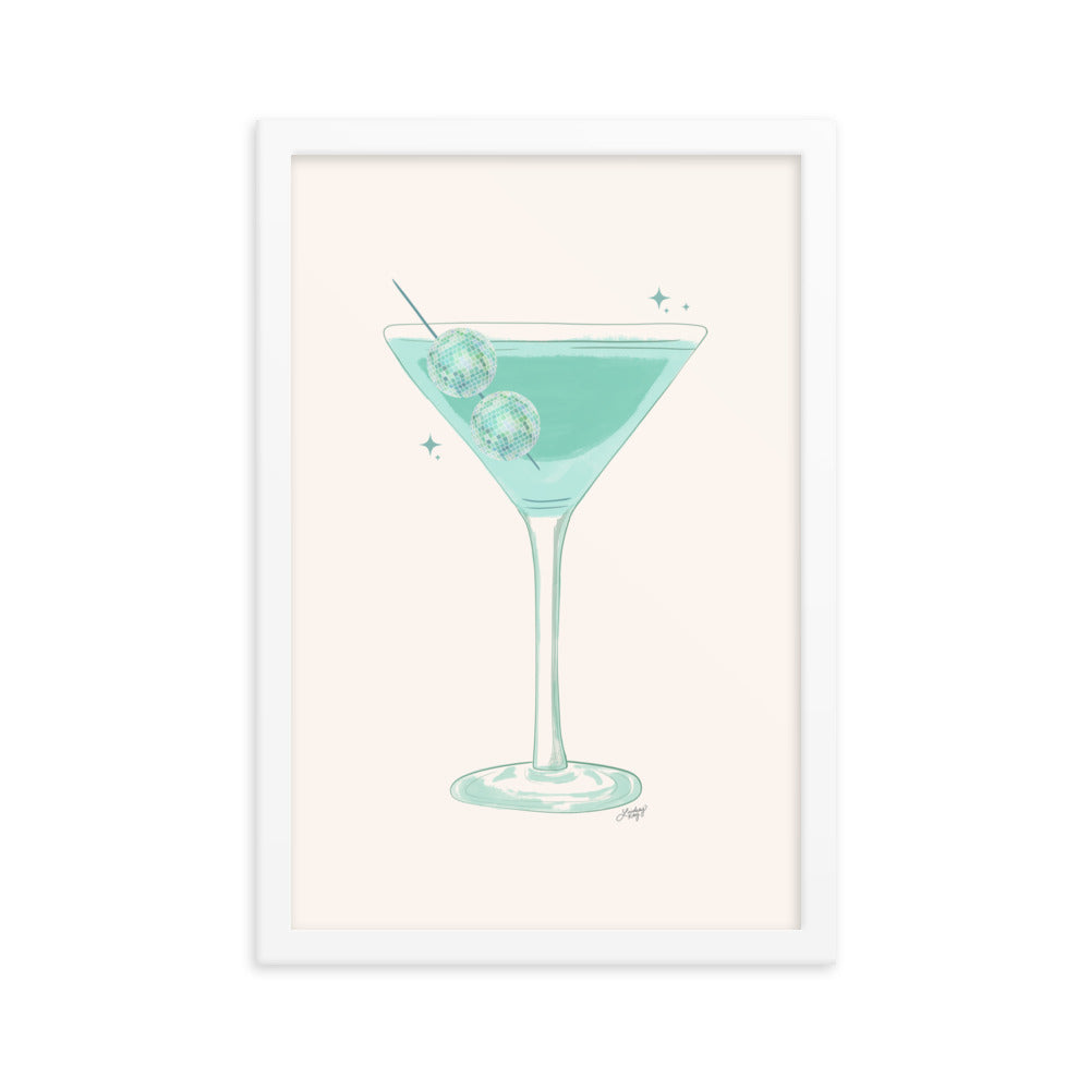Disco Ball Martini Illustration - Framed Matte Print