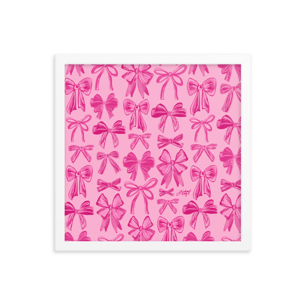 pink coquette ribbons bows framed art print matte poster wall art painting illustration girly cute sorority dorm room nursery lindsey kay co