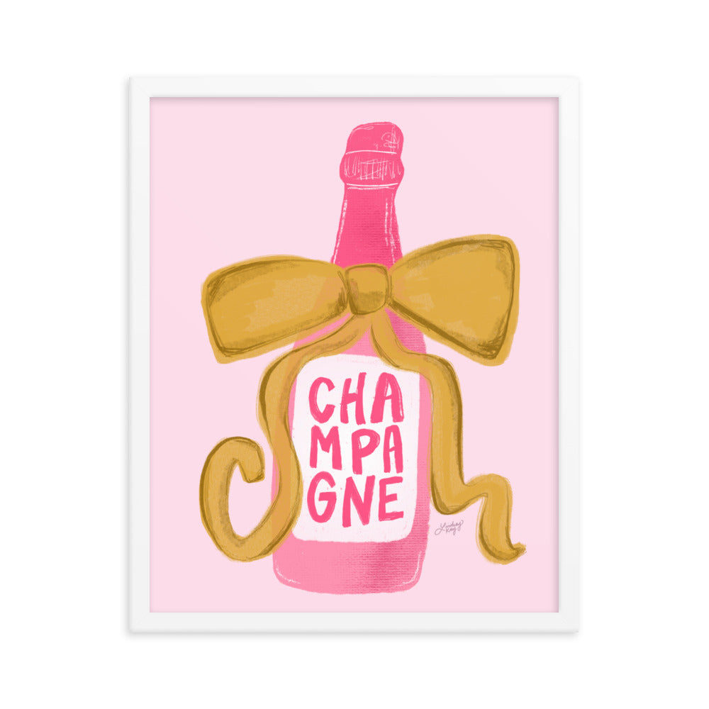 Ribbon Champagne Bottle Illustration - Framed Matte Print