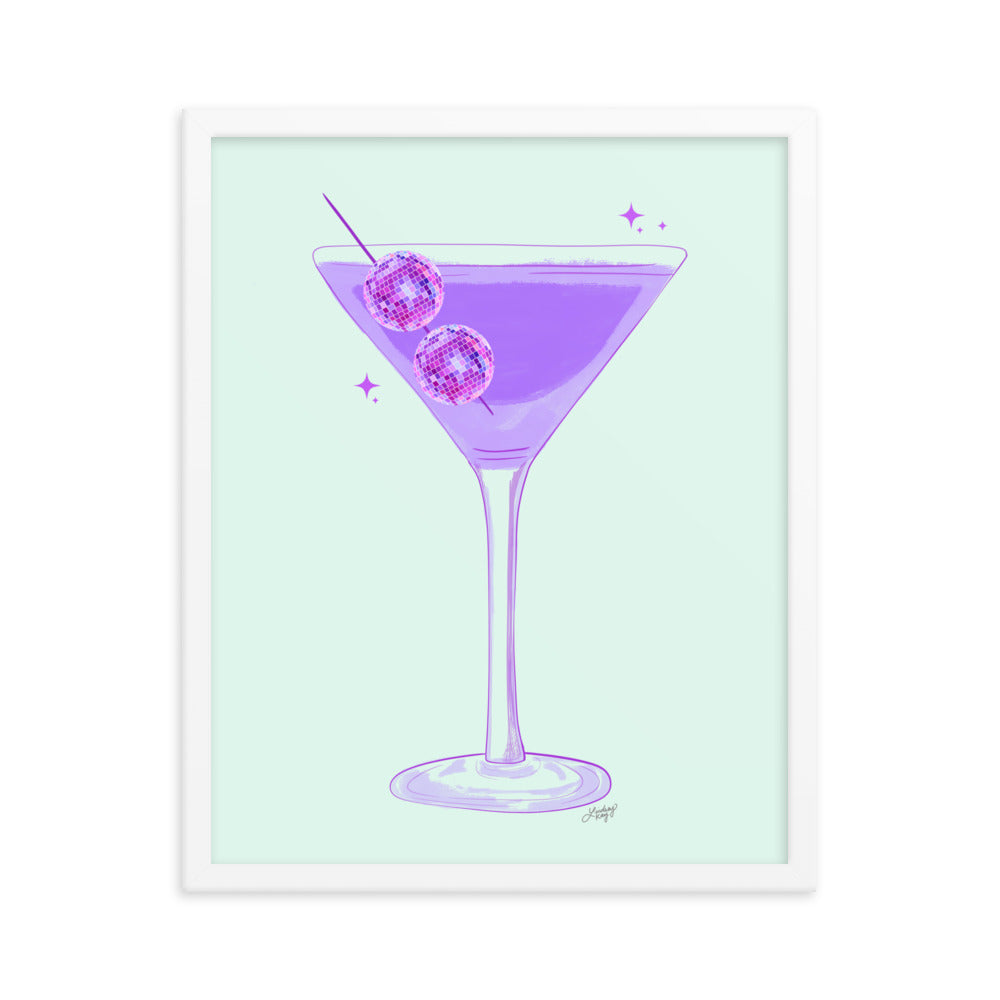 Disco Ball Martini Illustration - Framed Matte Print