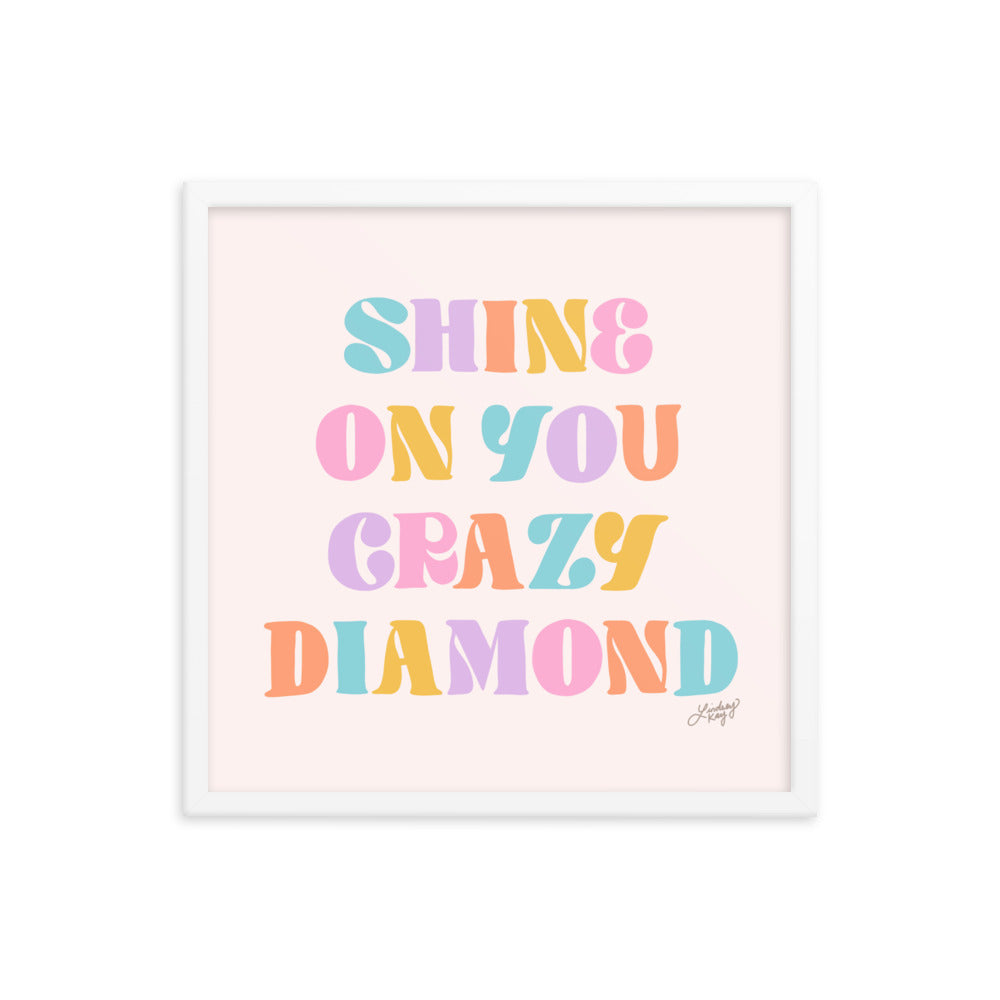 Hand-drawn typography art print with the lyrics 'Shine On You Crazy Diamond' in retro-inspired lettering, printed on matte paper