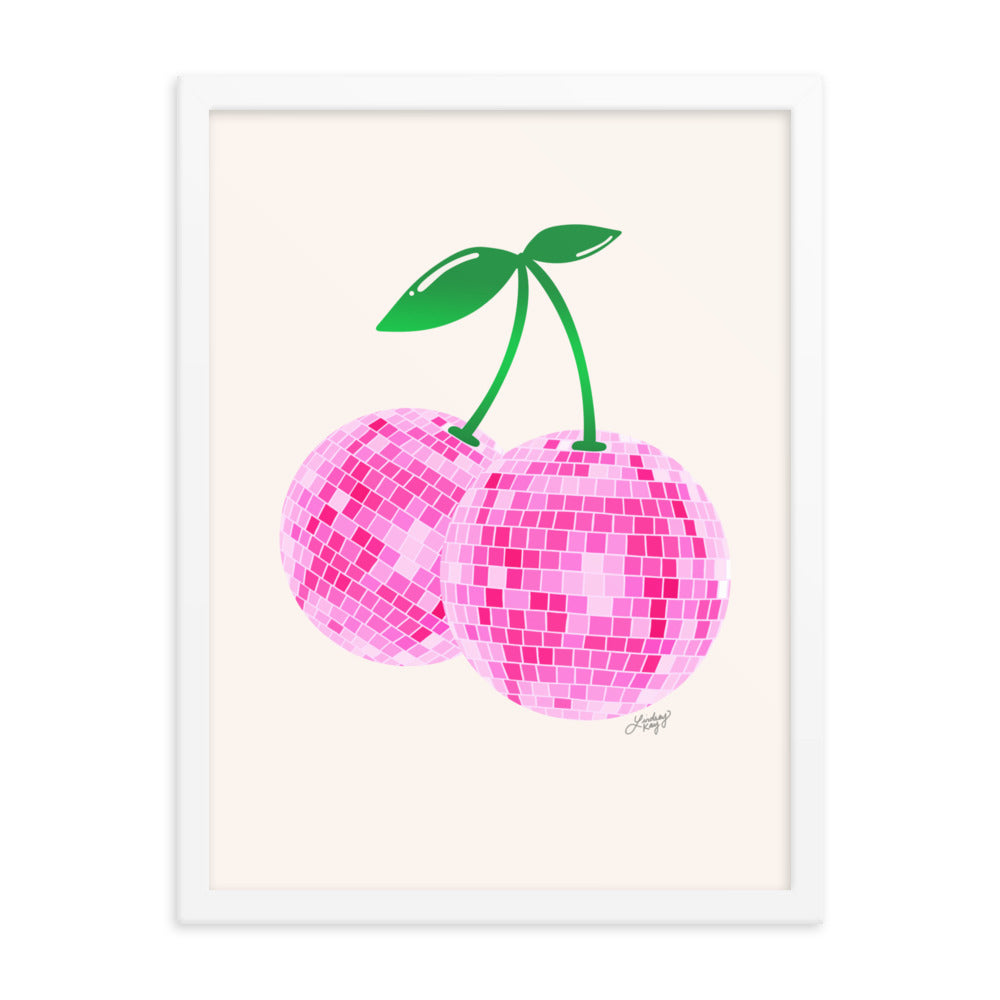 disco ball cherries illustration pink art print framed print wall art retro decor trendy dorm room lindsey kay collective