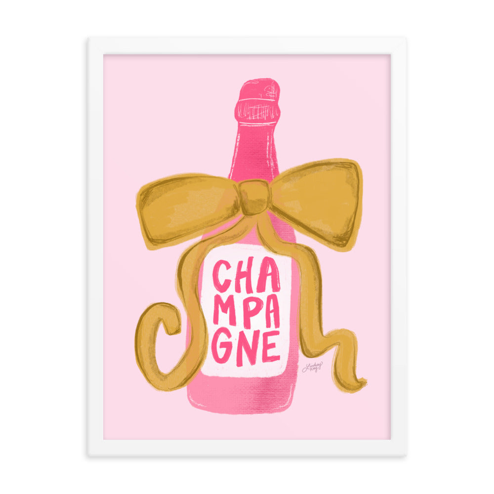 Ribbon Champagne Bottle Illustration - Framed Matte Print