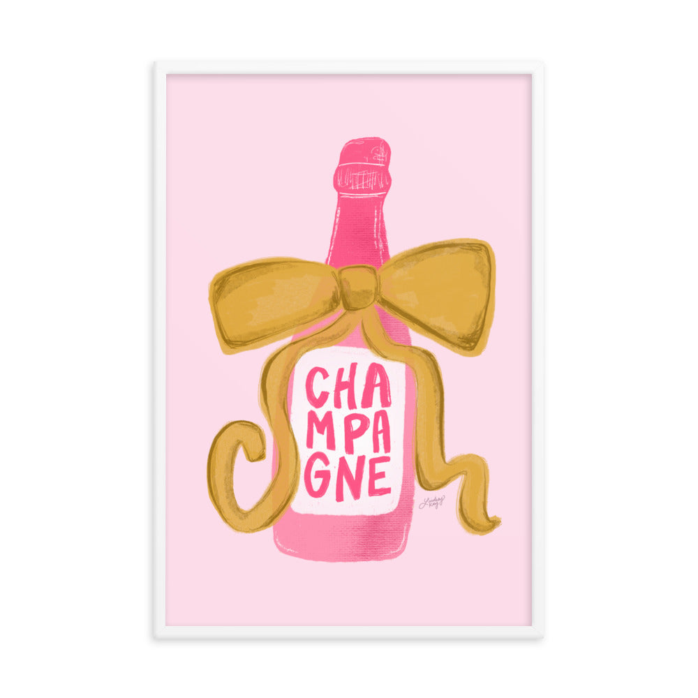 Framed hand-drawn champagne bottle art print with ribbon that says 'Champagne', printed on matte paper and ready to hang